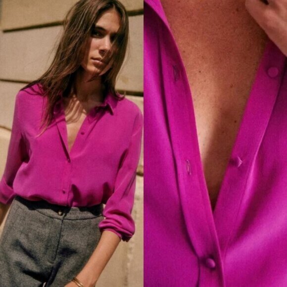 Sezane Ann 100% Silk Button Down Collared Shirt Size 44 French or US 12 Top Pink - Picture 2 of 15
